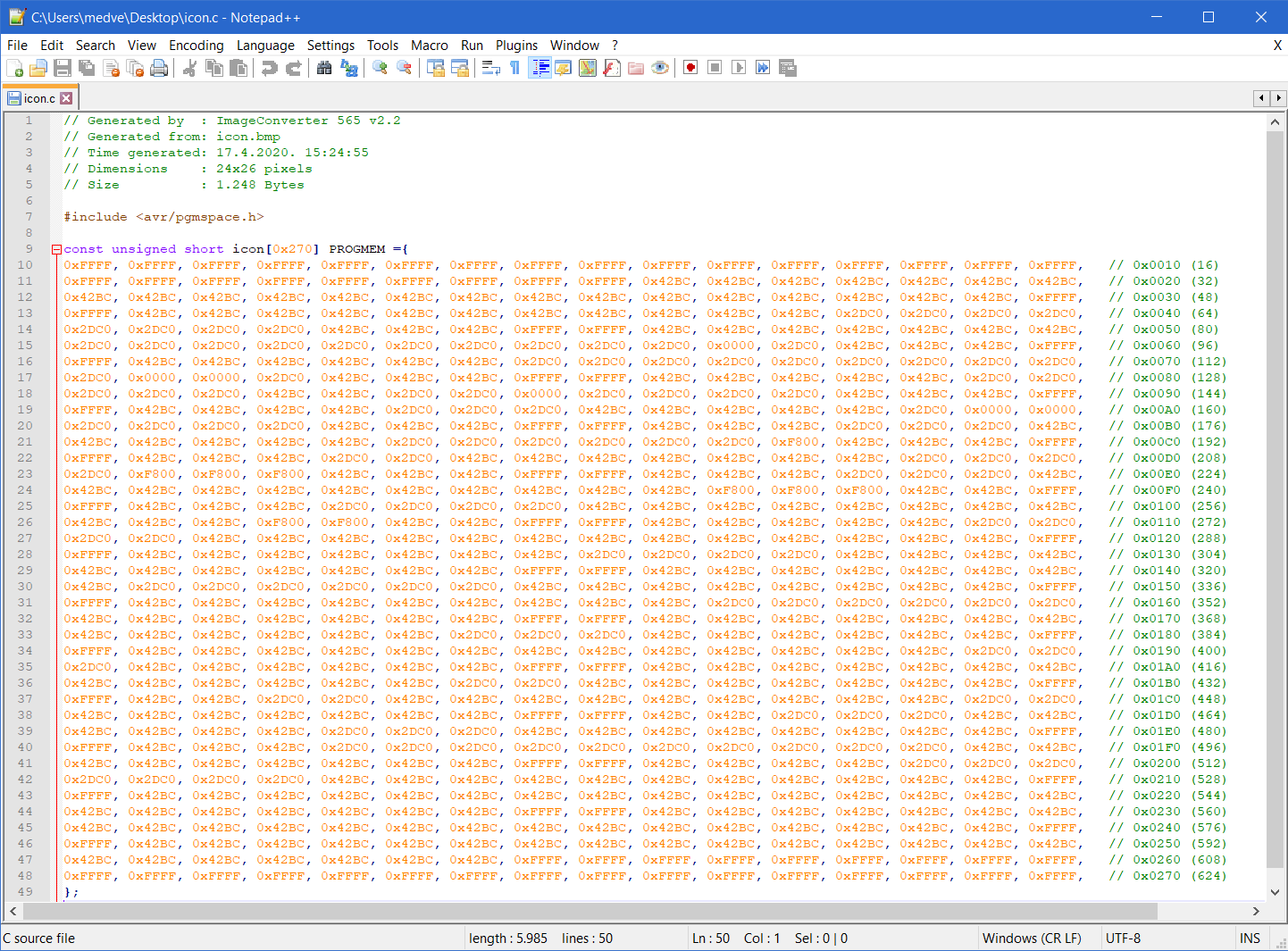Full bitmap code in RGB656 (Notepad++ editor)