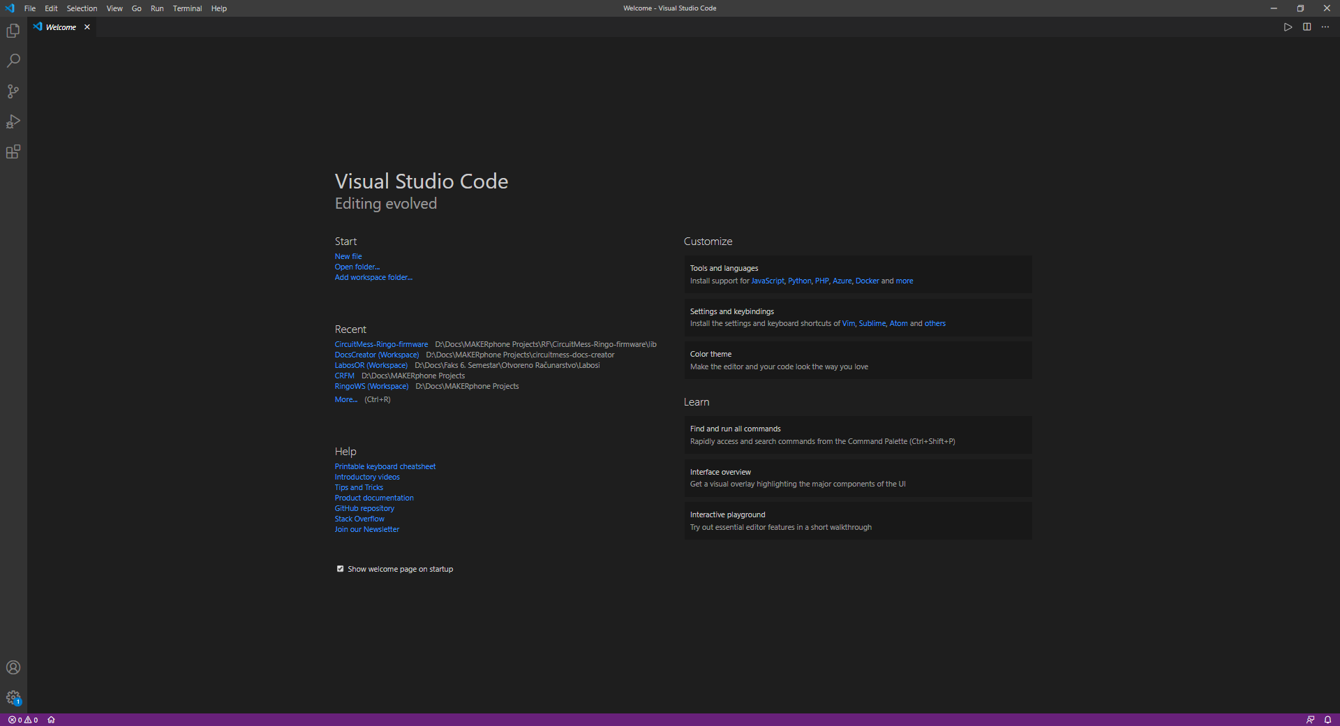 VS Code main screen